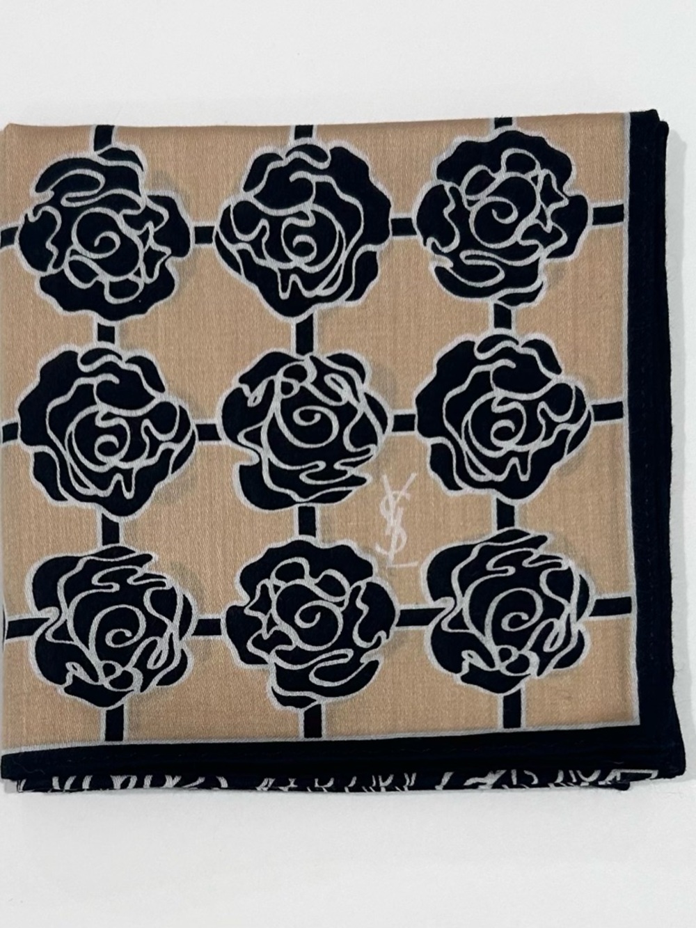 WOMEN HANDKERCHIEF YSL Floral Rose Black Beige COTTON POCKET SQUARE 19” - Picture 2 of 6